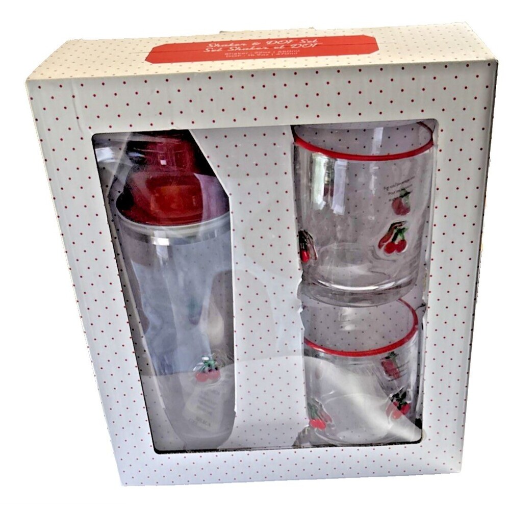 Retro-Red Rim Design Cherry-Themed Shaker Set With 2 Glasses